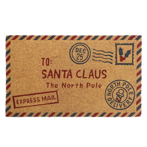A doormat designed to resemble a mail package addressed to Santa Claus at the North Pole, featuring postal-themed graphics such as a stamp and express mail marking.