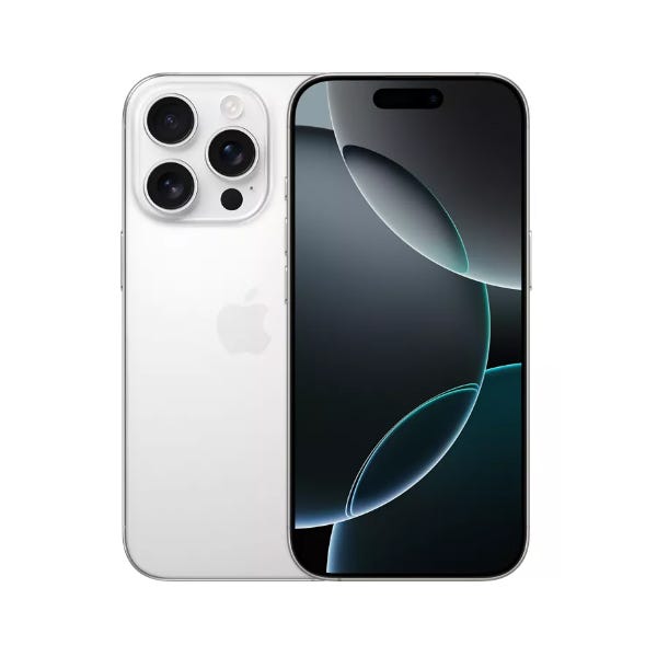 A sleek white iPhone 16 Pro with a triple-camera setup and edge-to-edge display, featuring a minimalist design and the Apple logo on the back.