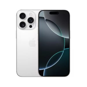 A sleek white iPhone 16 Pro with a triple-camera setup and edge-to-edge display, featuring a minimalist design and the Apple logo on the back.