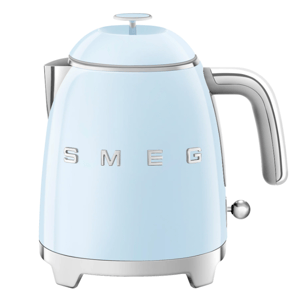 A pastel blue SMEG electric kettle with a retro design, featuring a chrome handle and base.