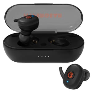 HyperGear Wireless Earbuds in black with a compact charging case. The earbuds feature ear hooks for a secure fit and have a red logo and blue indicator light.