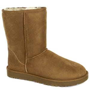 Brown suede mid-calf shearling boot with a flat sole and visible stitching.