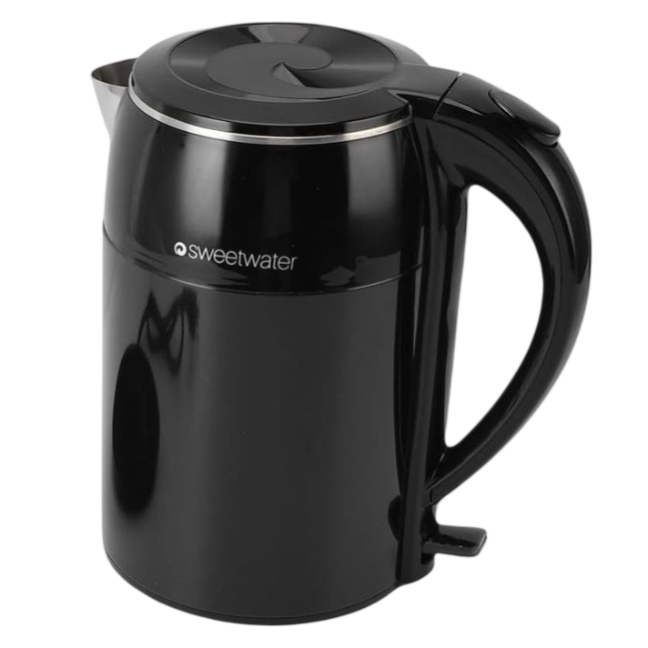 A black electric kettle with a detachable base featuring a power cord. The kettle has a curved handle, spout, and lid, and is branded \“sweetwater.\“