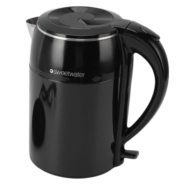A black electric kettle with a detachable base featuring a power cord. The kettle has a curved handle, spout, and lid, and is branded \“sweetwater.\“