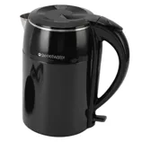 A black electric kettle with a detachable base featuring a power cord. The kettle has a curved handle, spout, and lid, and is branded \“sweetwater.\“