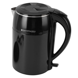 A black electric kettle with a detachable base featuring a power cord. The kettle has a curved handle, spout, and lid, and is branded \“sweetwater.\“