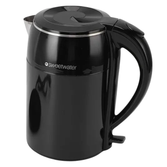 A black electric kettle with a detachable base featuring a power cord. The kettle has a curved handle, spout, and lid, and is branded \“sweetwater.\“