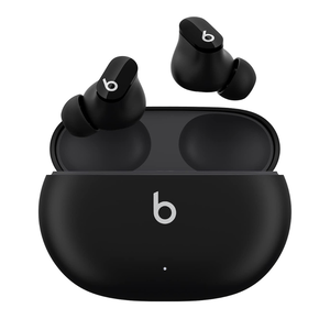 Wireless earphones with a charging case, featuring a sleek black design and the recognizable \“b\“ logo on both the earbuds and case.