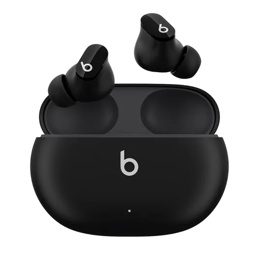 Wireless earphones with a charging case, featuring a sleek black design and the recognizable \“b\“ logo on both the earbuds and case.