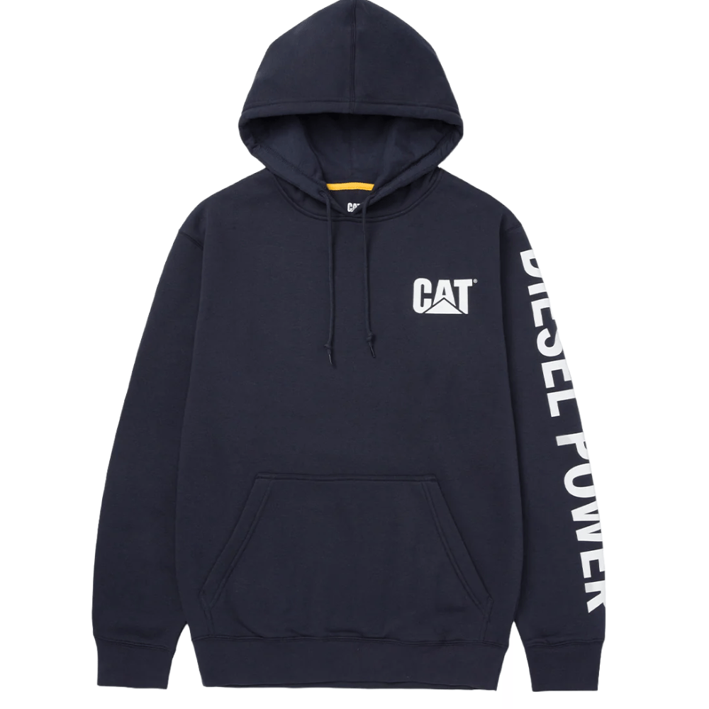 A navy blue hoodie featuring the CAT logo on the chest and \“DIESEL POWER\“ printed down one sleeve.