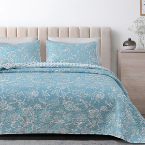 A teal quilted comforter set with floral patterns and matching pillowcases on a bed.