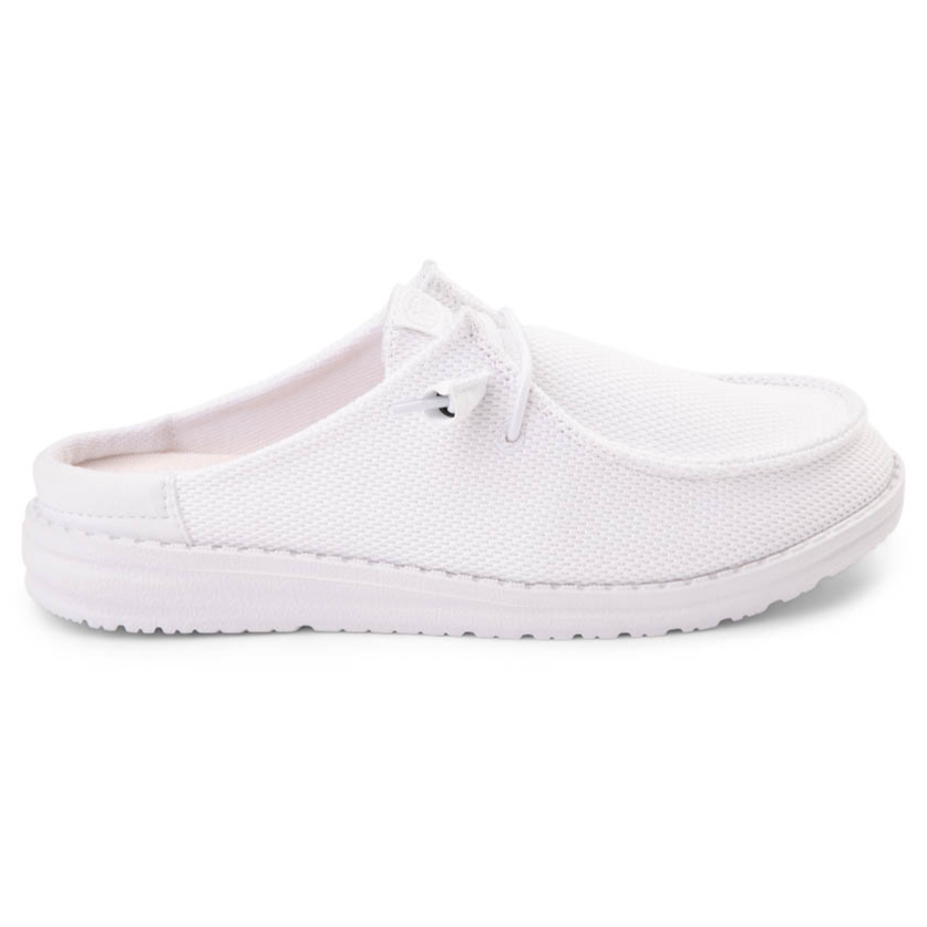 A white slip-on mule shoe with a casual design, featuring a textile upper and a cushioned sole.