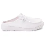 A white slip-on mule shoe with a casual design, featuring a textile upper and a cushioned sole.