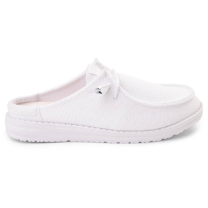 A white slip-on mule shoe with a casual design, featuring a textile upper and a cushioned sole.