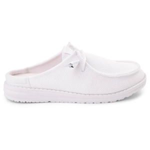A white slip-on mule shoe with a casual design, featuring a textile upper and a cushioned sole.