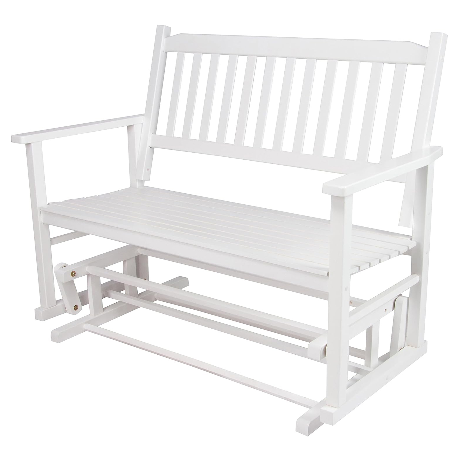 White wooden glider bench with a slatted seat and backrest, featuring armrests and a sturdy frame. Designed for outdoor use, offering smooth gliding motion.