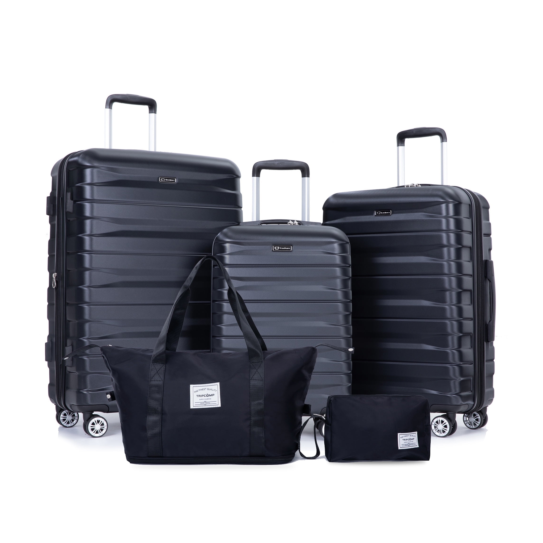 5-piece luggage set includes three black hardside suitcases with telescopic handles and multi-directional wheels, one black tote bag, and a small black pouch.