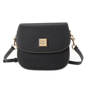 A black crossbody bag with gold hardware, featuring the Dooney & Bourke logo on the front.