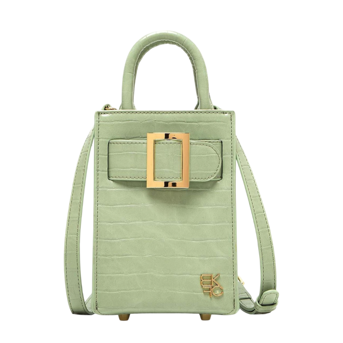 Small sage green handbag with a gold buckle, embossed texture, and top handle. Features a crossbody strap and subtle logo detail on the front corner.