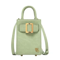 Small sage green handbag with a gold buckle, embossed texture, and top handle. Features a crossbody strap and subtle logo detail on the front corner.