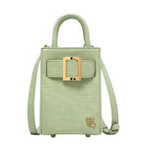 Small sage green handbag with a gold buckle, embossed texture, and top handle. Features a crossbody strap and subtle logo detail on the front corner.