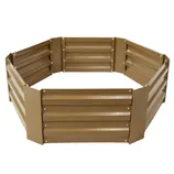 A brown, octagonal metal raised garden bed kit with ribbed panels joined by bolts, designed for planting and gardening purposes.
