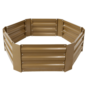 A brown, octagonal metal raised garden bed kit with ribbed panels joined by bolts, designed for planting and gardening purposes.