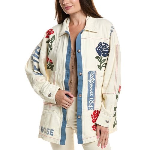 Cream-colored jacket with floral embroidery and text details, featuring red and blue roses and \“California 1849\“ lettering. It has a button-up front and a relaxed fit.