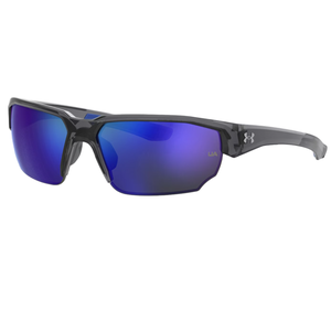 Sports sunglasses with a sleek black frame and blue mirrored lenses, featuring a distinctive logo on the temples.