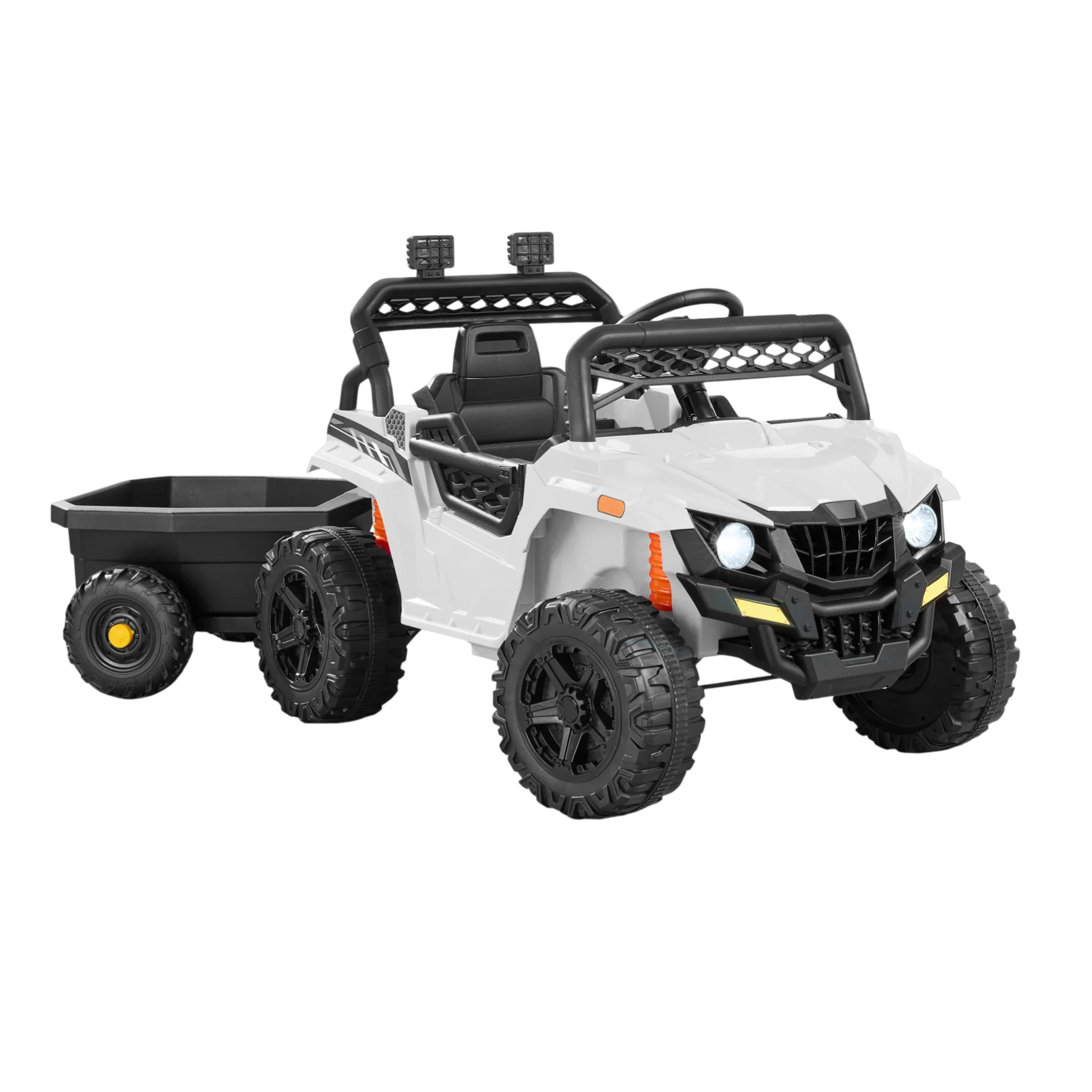 A white ride-on toy vehicle for children resembling an off-road utility vehicle, featuring four large wheels, a black seat, headlights, and a detachable black trailer for towing.