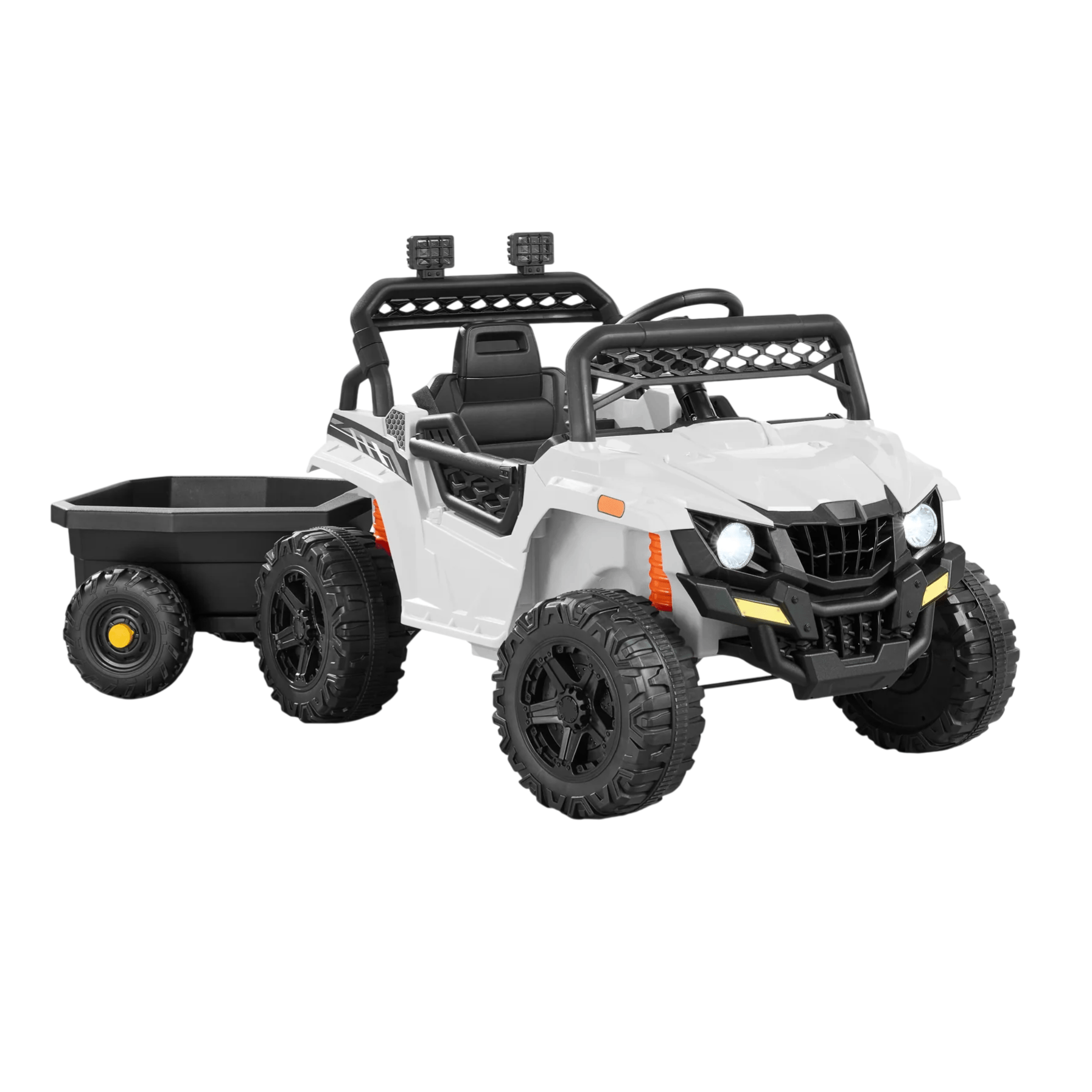 A white ride-on toy vehicle for children resembling an off-road utility vehicle, featuring four large wheels, a black seat, headlights, and a detachable black trailer for towing.