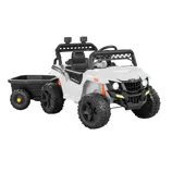 A white ride-on toy vehicle for children resembling an off-road utility vehicle, featuring four large wheels, a black seat, headlights, and a detachable black trailer for towing.