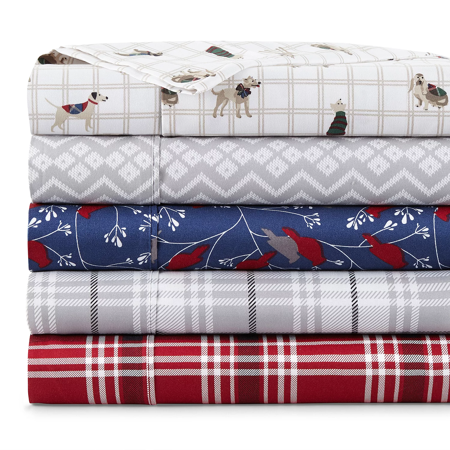 JCPenney Flannel Sheet Sets in various patterns, including dogs on plaid, geometric gray, blue with cardinals, gray plaid, and red plaid.