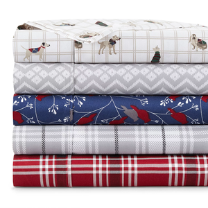 JCPenney Flannel Sheet Sets in various patterns, including dogs on plaid, geometric gray, blue with cardinals, gray plaid, and red plaid.