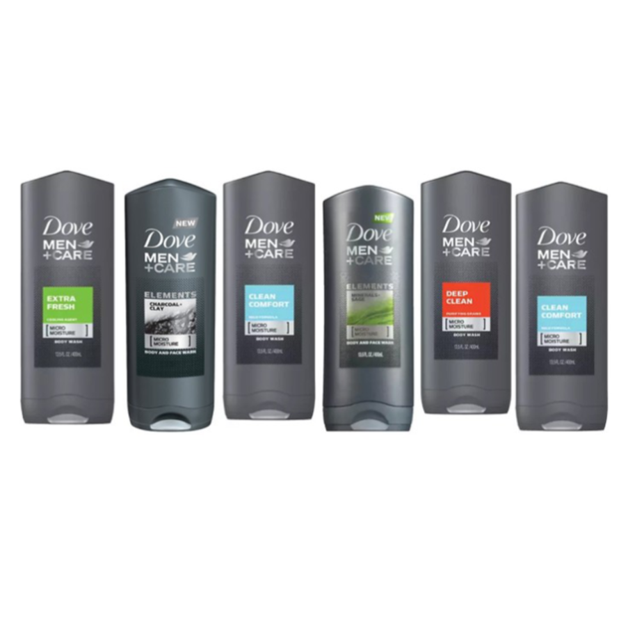 Dove Men+Care body wash varieties, including Extra Fresh, Elements Charcoal + Clay, Clean Comfort, Elements Minerals + Sage, and Deep Clean, all featuring MicroMoisture technology for body and face washing.
