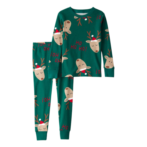 Green children's pajamas featuring reindeer faces wearing Santa hats and red \“Ho Ho Ho\“ text.