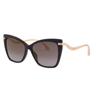 Black cat-eye sunglasses with gold temples and dark lenses.