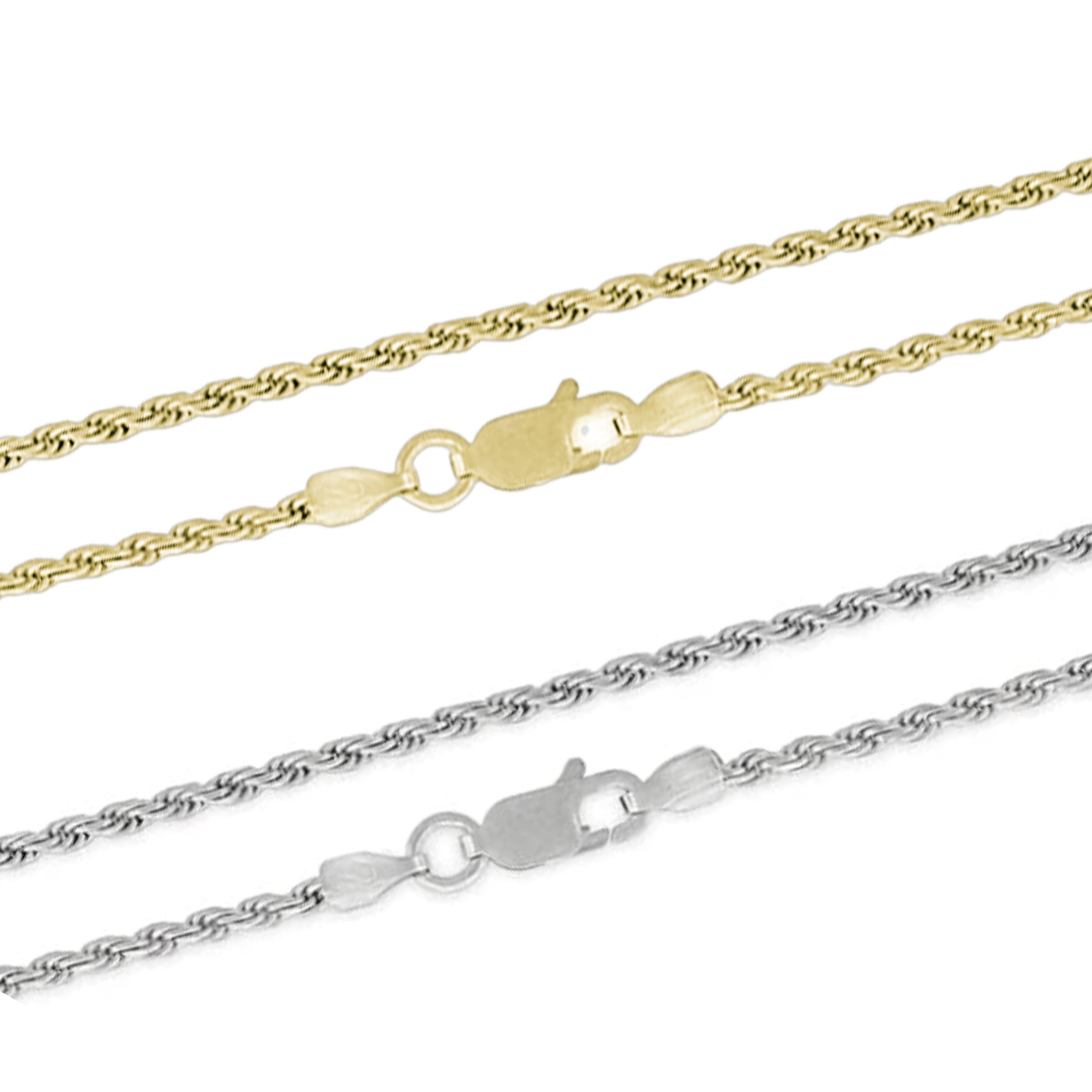 Two sterling silver rope chain necklaces are displayed, one plated with yellow gold and the other in silver, both featuring a lobster clasp.