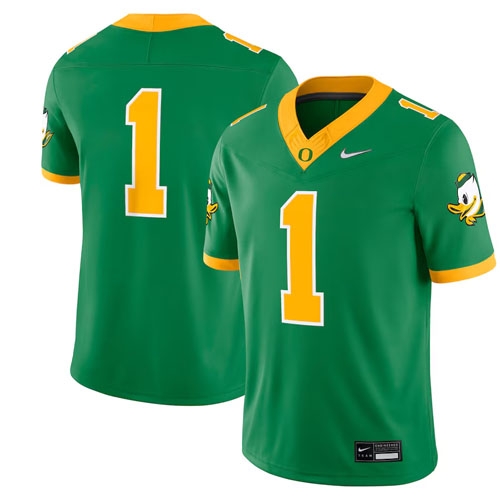 A green Nike sports jersey with yellow accents, featuring a number \“1\“ on both sides and a duck logo on the sleeves.