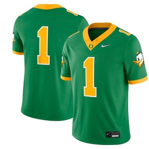 A green Nike sports jersey with yellow accents, featuring a number \“1\“ on both sides and a duck logo on the sleeves.