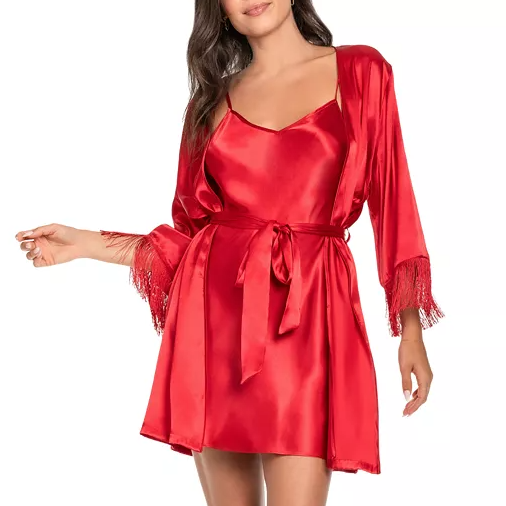 Red satin chemise and robe set featuring a V-neckline, spaghetti straps, and a matching robe with three-quarter sleeves adorned with fringe. A satin belt cinches the waist for a coordinated look.