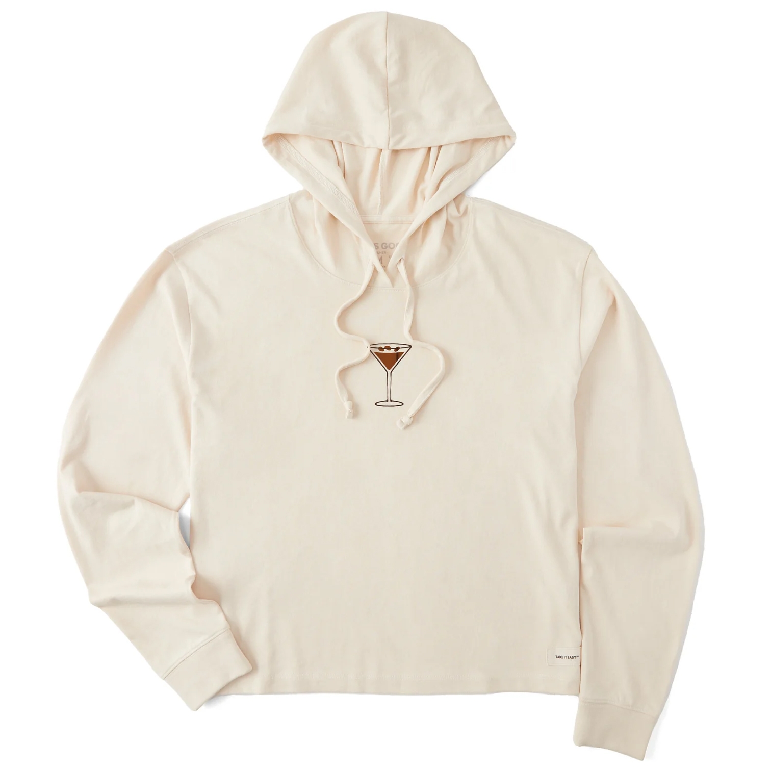 A cream-colored hoodie featuring a drawstring hood and an embroidered martini glass design in the center.