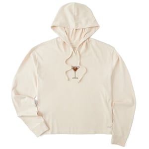 A cream-colored hoodie featuring a drawstring hood and an embroidered martini glass design in the center.