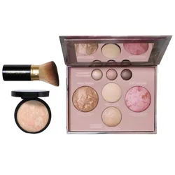 Makeup palette with a variety of powders, including bronzers, highlighters, and blush, alongside a round compact powder and a makeup brush.