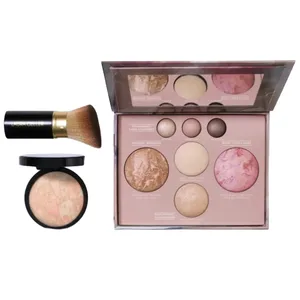 Makeup palette with a variety of powders, including bronzers, highlighters, and blush, alongside a round compact powder and a makeup brush.