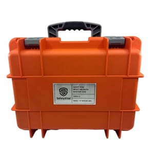 Orange 15\“ protective case with a black handle, labeled \“Safety Vital,\“ designed to be impact and water resistant. Series 4 model SY-IMP-001-ORG.