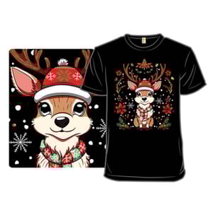 A cute reindeer wearing a red and green scarf and a red winter hat is depicted against a black background with snowflakes and poinsettias. The design is on a black T-shirt, creating a festive and playful holiday look.