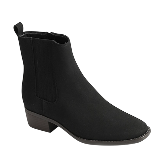 Black ankle boot with low block heel and elastic side panels.