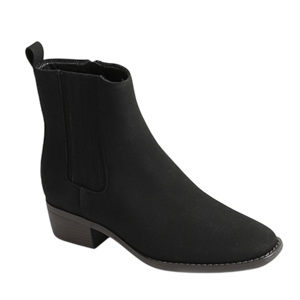 Black ankle boot with low block heel and elastic side panels.