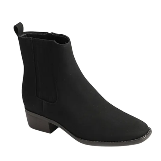 Black ankle boot with low block heel and elastic side panels.